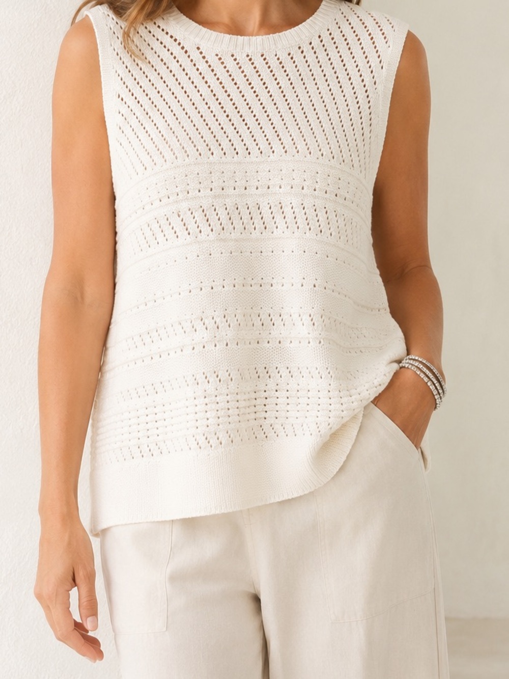 J.Jill Open Knit Crochet Sweater Tank 2X Cotton Linen